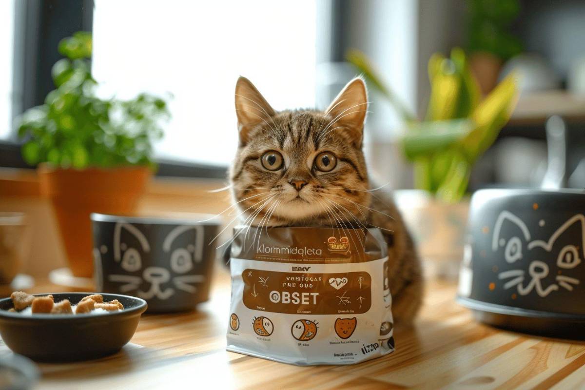 chat devant son paquet de croquettes