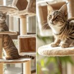 Un charmant chat tigré jouant sur un arbre à chat en intérieur.
