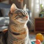 Chat tigré attentif assis près de balles colorées