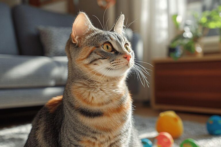 Chat tigré attentif assis près de balles colorées