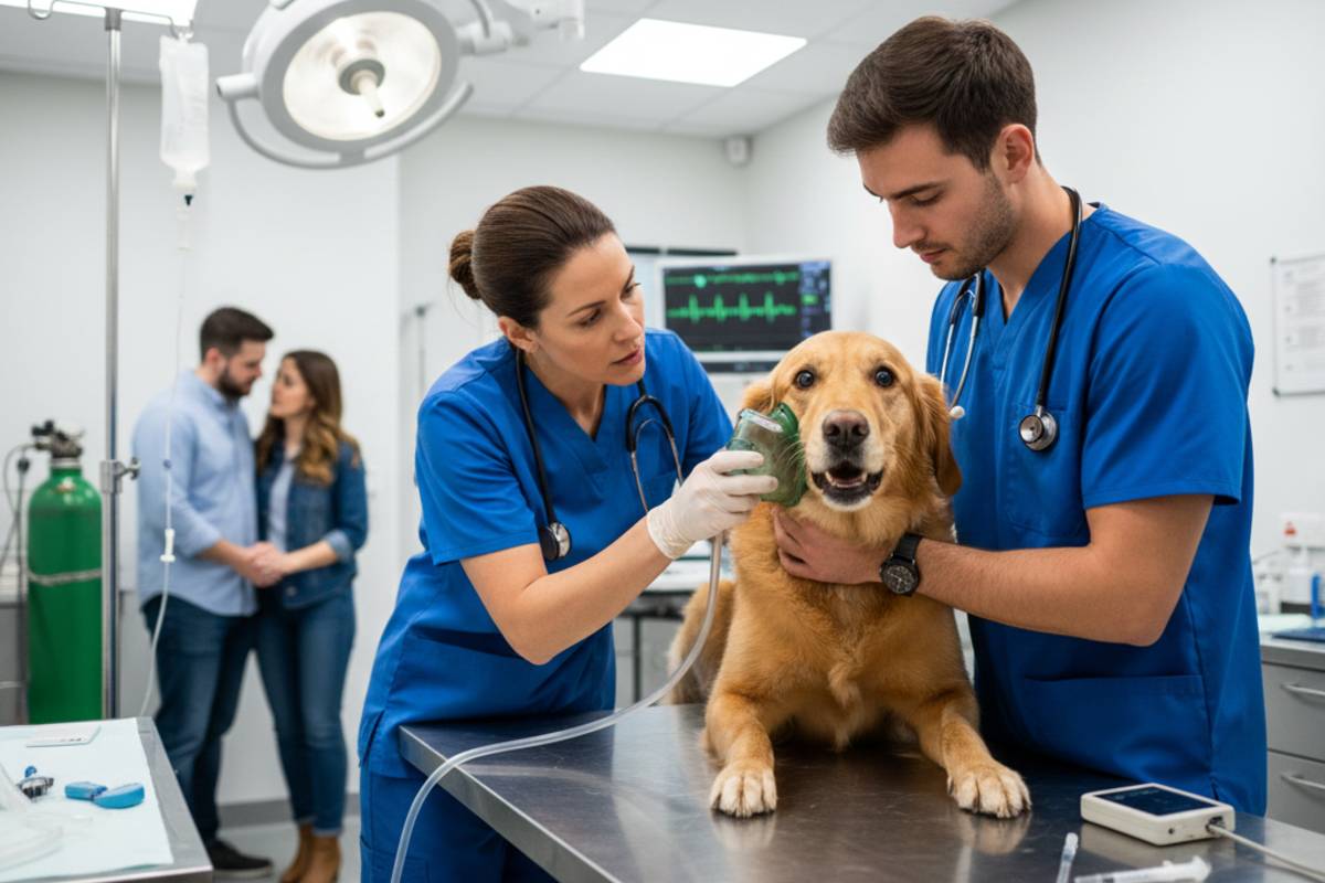 chien avec détresse respiratoire pris en charge par des vétérinaires