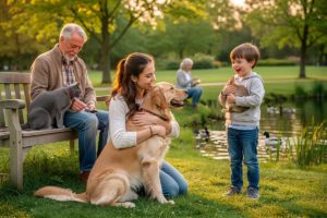 une famille avec beaucoup d'animaux de compagnie