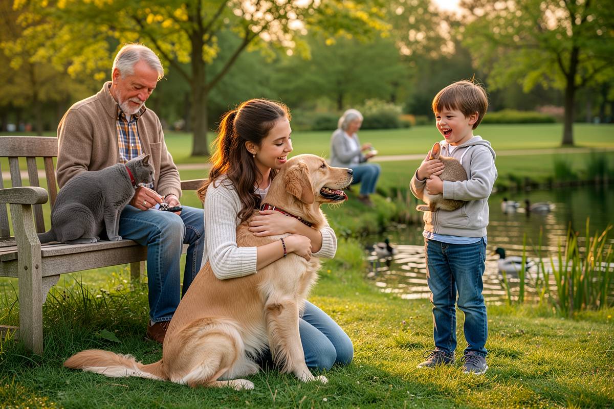 une famille avec beaucoup d'animaux de compagnie